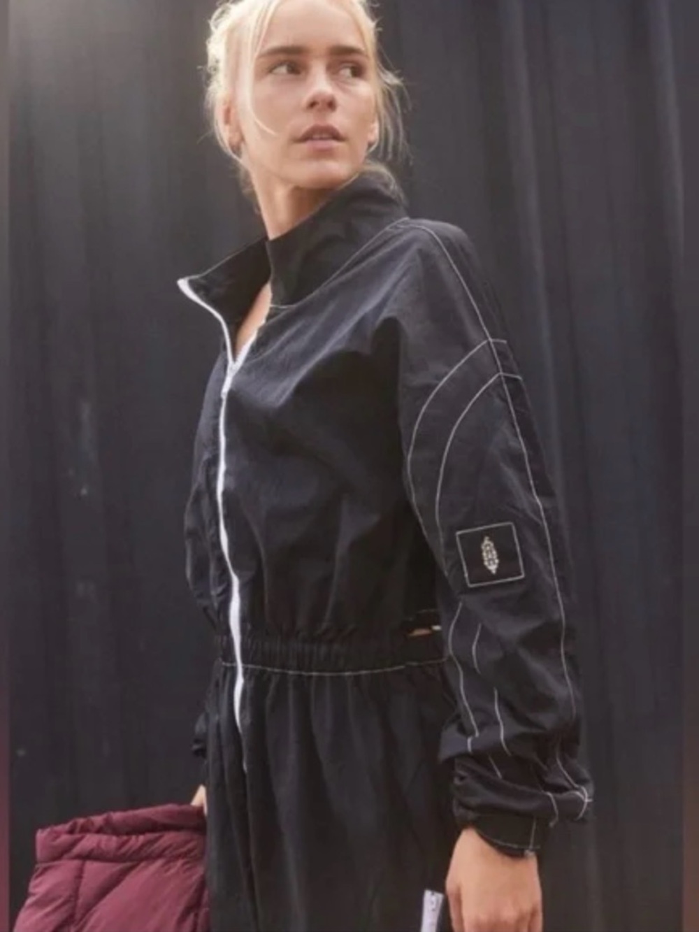 FP Movement by Free People Black Zip-Front Track Jumpsuit with White Trim